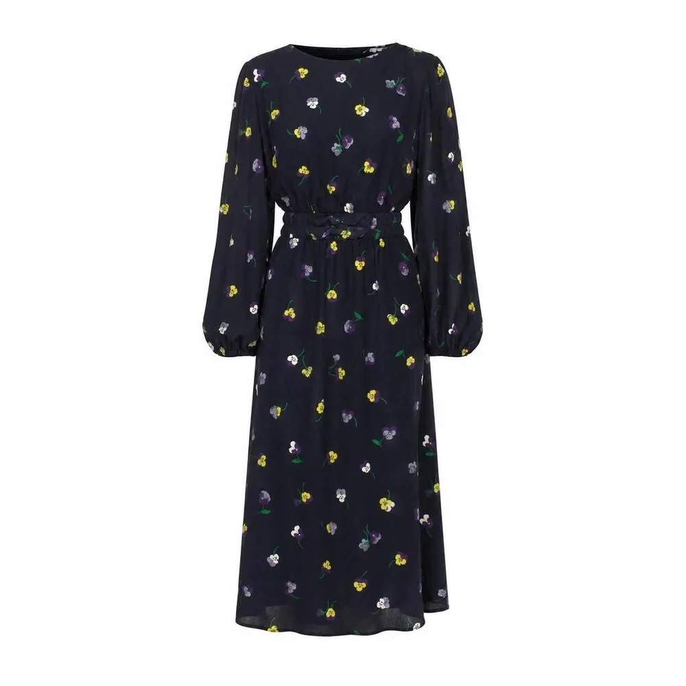 Kate Spade New York Pansy Floral Smocked Midi Dress Navy Blue Long Sleeve S